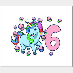 I am 6 with unicorn - girl birthday 6 years old Posters and Art